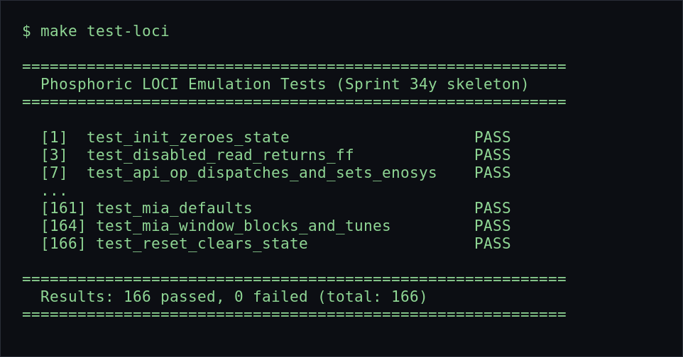 Sortie terminal de la suite test-loci de Phosphoric : 166 tests passés, 0 échec.