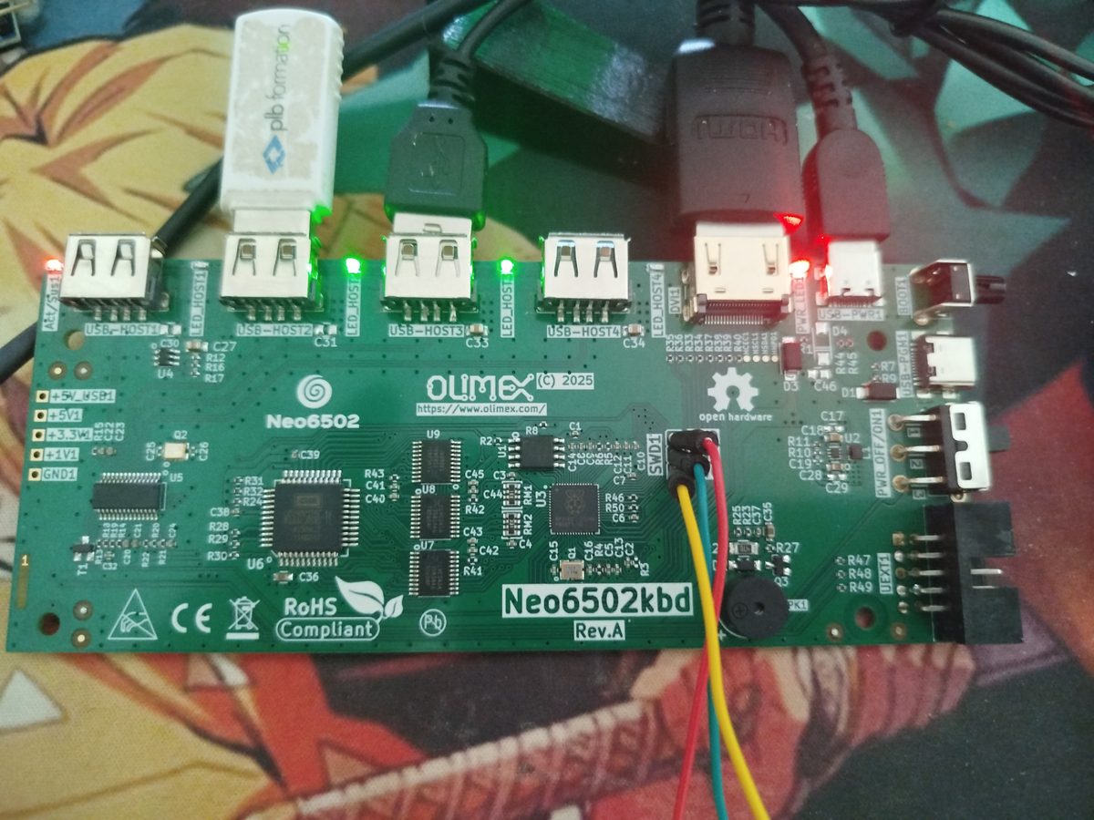 Neo6502-bordje van Olimex onder spanning: scherm op de DVI-uitgang, USB-stick en USB-apparaat op de hostpoorten, drie draden op de SWD1-connector